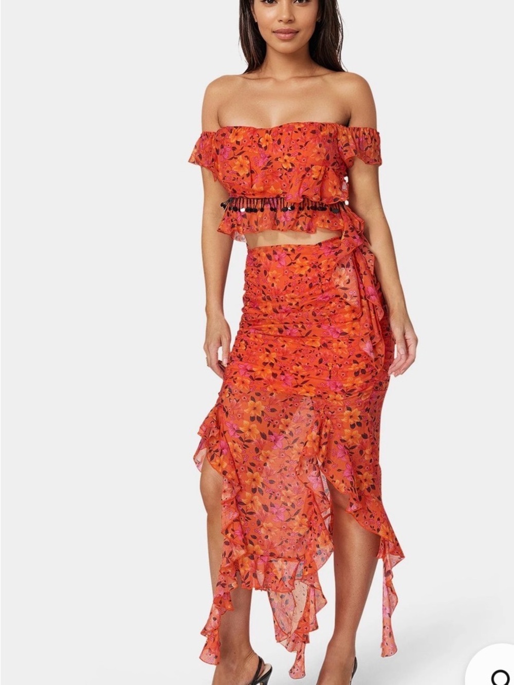bebe Orange Floral High-Low Ruffle Set
